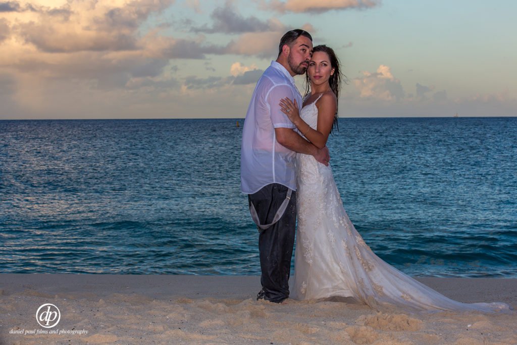 Wedding photo session on the beach at sunset in St. Maarten.